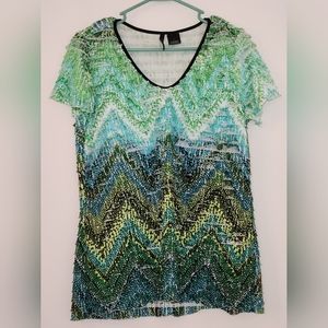 Women's SZ Large New Directions Blue And Green Short Sleeve Ruffled Blouse